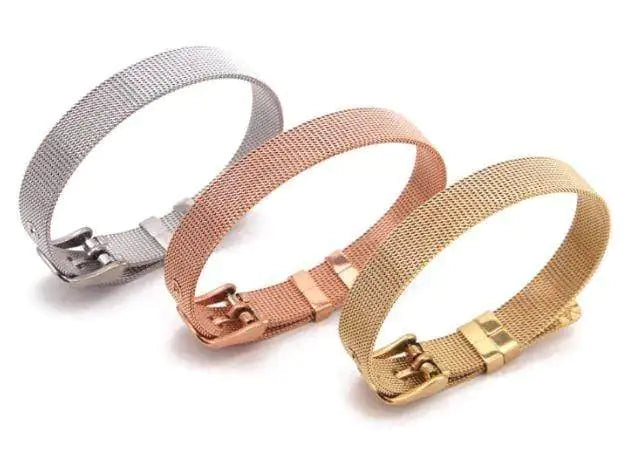 Three fine mesh metal bracelets in silver, rose gold, and gold tones with secure clasps from Azure Jewelry
