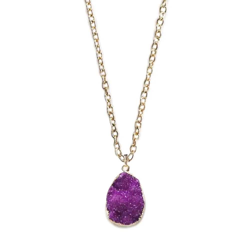 Gold chain necklace with purple druzy teardrop pendant, elegant fine jewelry from Azure Jewelry