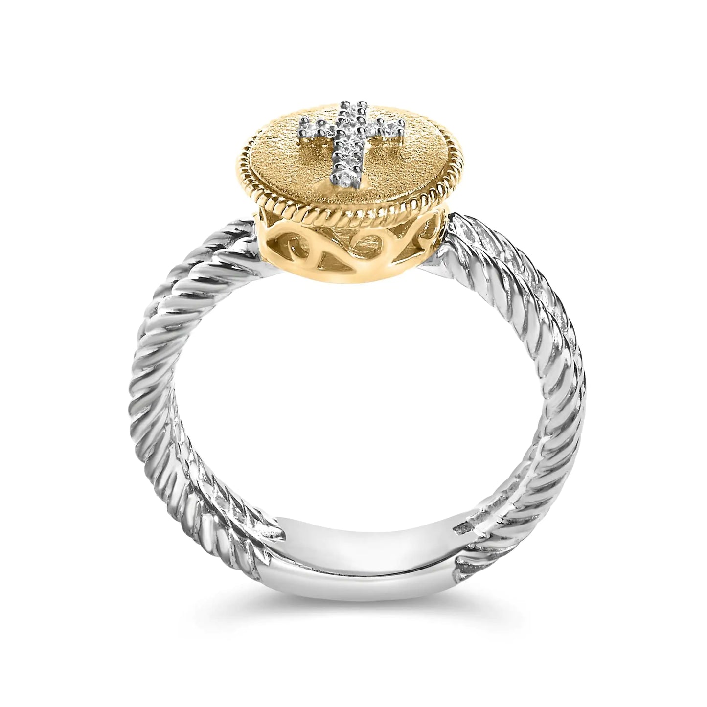Two-tone silver and gold ring with twisted silver band and gold disc featuring diamond cross detail