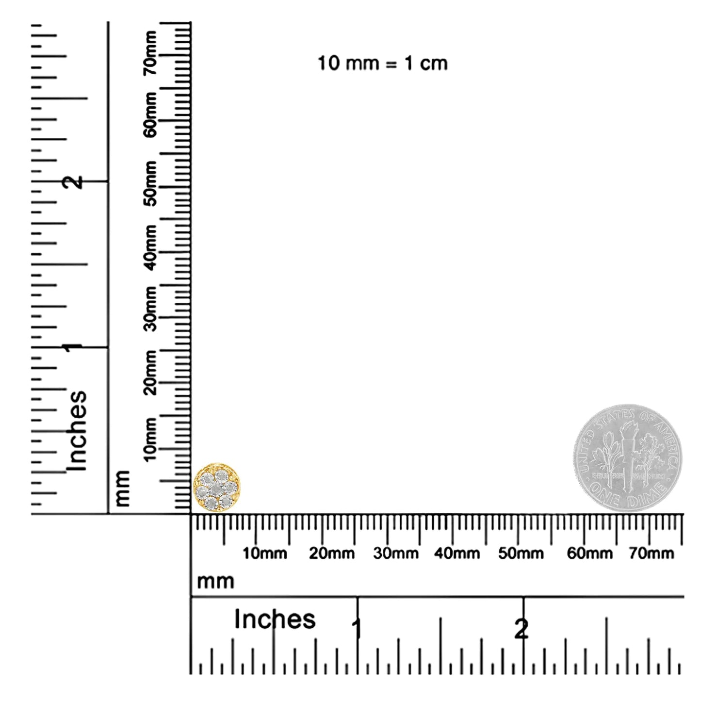 Small round gold stud earring with white gemstones next to rulers and US dime for size reference