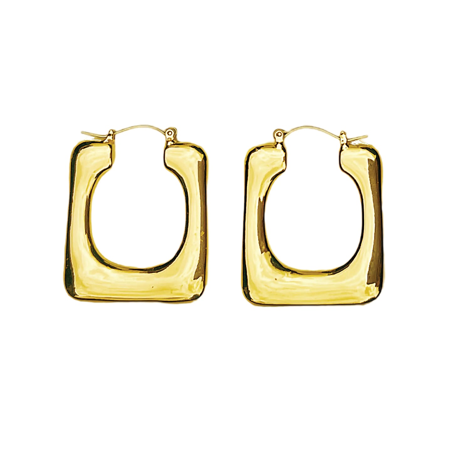 Pair of polished gold square hoop earrings with rounded edges on white background