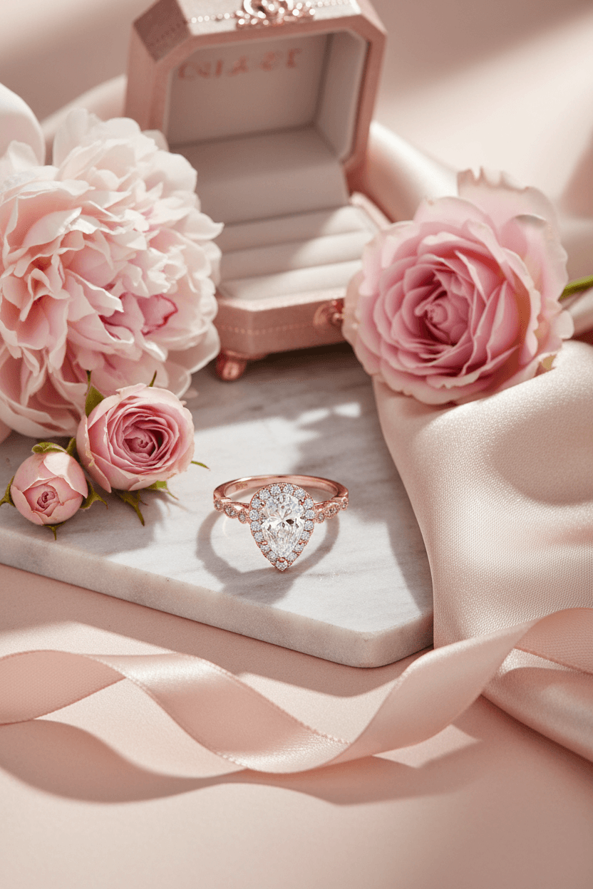 Rose gold pear-shaped diamond engagement ring with halo setting displayed on marble, pink roses, and satin fabric