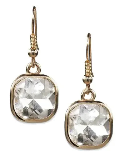 Elegant gold hook earrings with square clear faceted gemstones, luxury fine jewelry