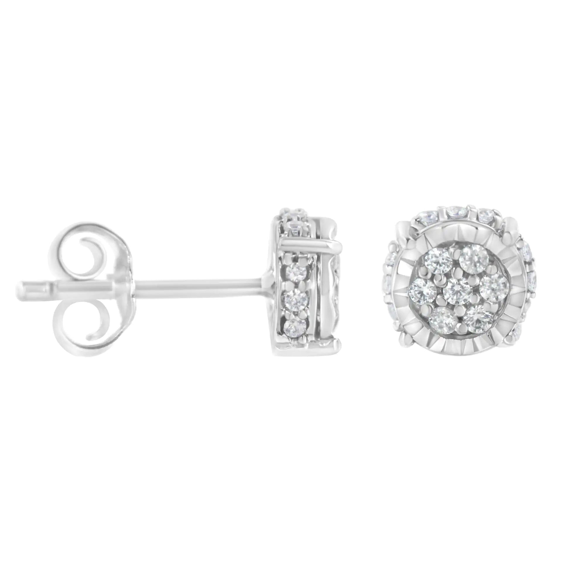Sterling silver stud earrings with cluster of sparkling round diamonds, elegant bridal jewelry