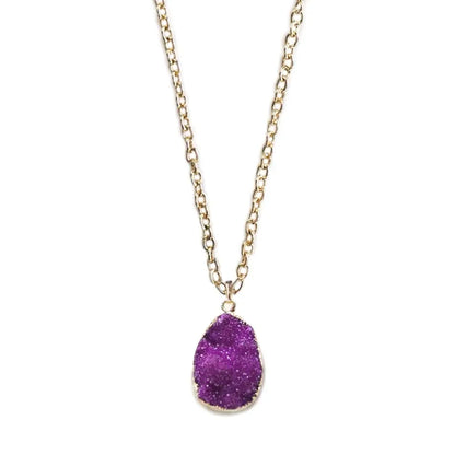 Gold chain necklace with purple druzy teardrop pendant, elegant fine jewelry from Azure Jewelry