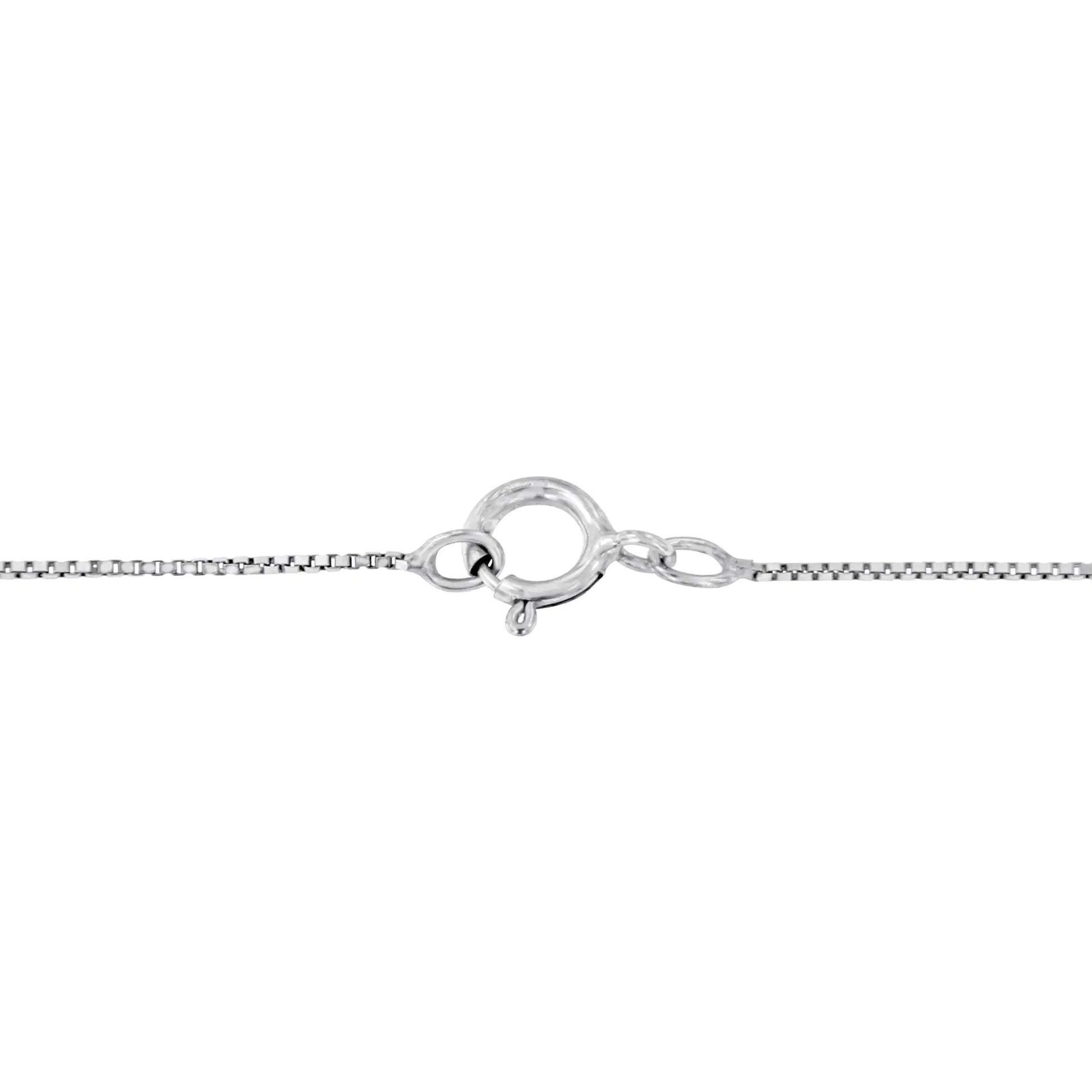 Close-up of sterling silver chain necklace clasp with spring ring mechanism on white background
