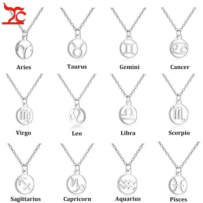Silver zodiac sign necklaces on chains featuring Aries, Taurus, Gemini, Cancer, Virgo, Leo, Libra, Scorpio, Sagittarius, Capricorn, Aquarius, Pisces