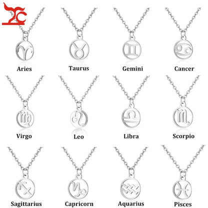 Silver zodiac sign necklaces on chains featuring Aries, Taurus, Gemini, Cancer, Virgo, Leo, Libra, Scorpio, Sagittarius, Capricorn, Aquarius, Pisces