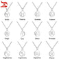 Silver zodiac sign necklaces on chains featuring Aries, Taurus, Gemini, Cancer, Virgo, Leo, Libra, Scorpio, Sagittarius, Capricorn, Aquarius, Pisces