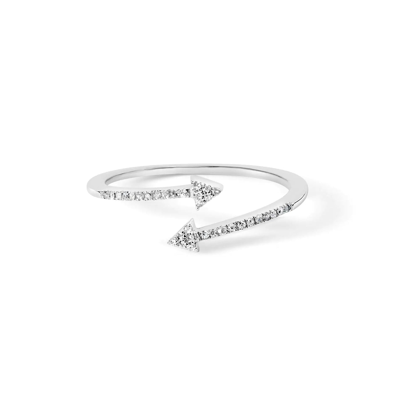 Minimalist silver open ring with two arrow-shaped ends adorned with small diamonds on white background