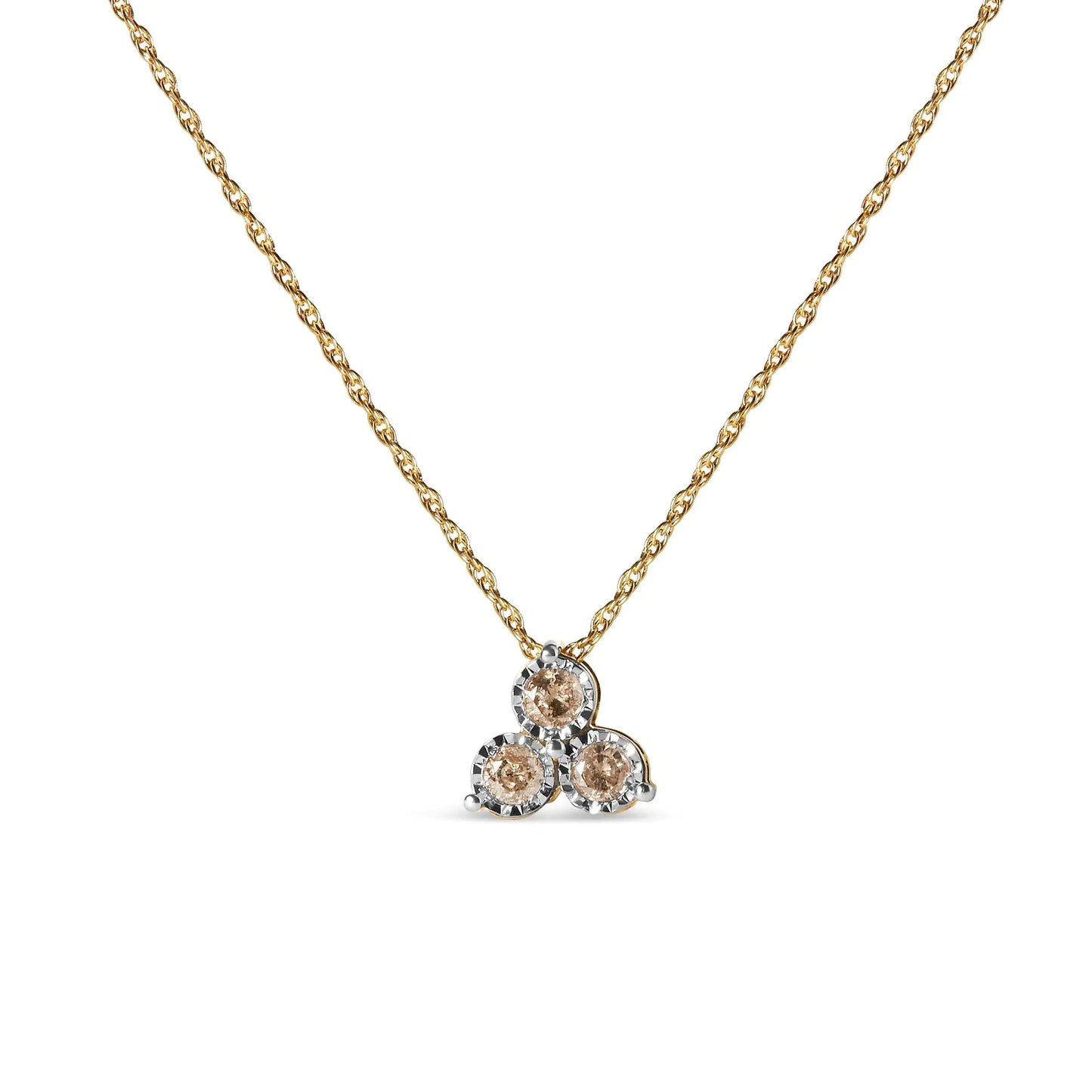 Gold chain necklace with a triple round champagne diamond pendant in white gold setting
