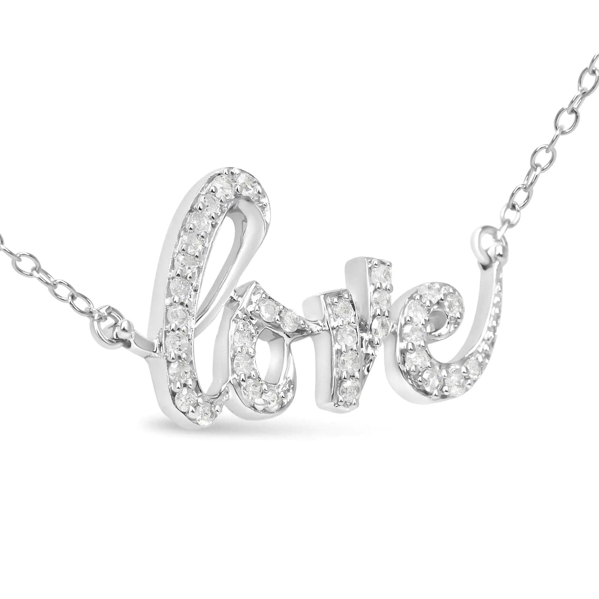 Silver love pendant necklace with sparkling diamonds on a delicate chain, elegant fine jewelry