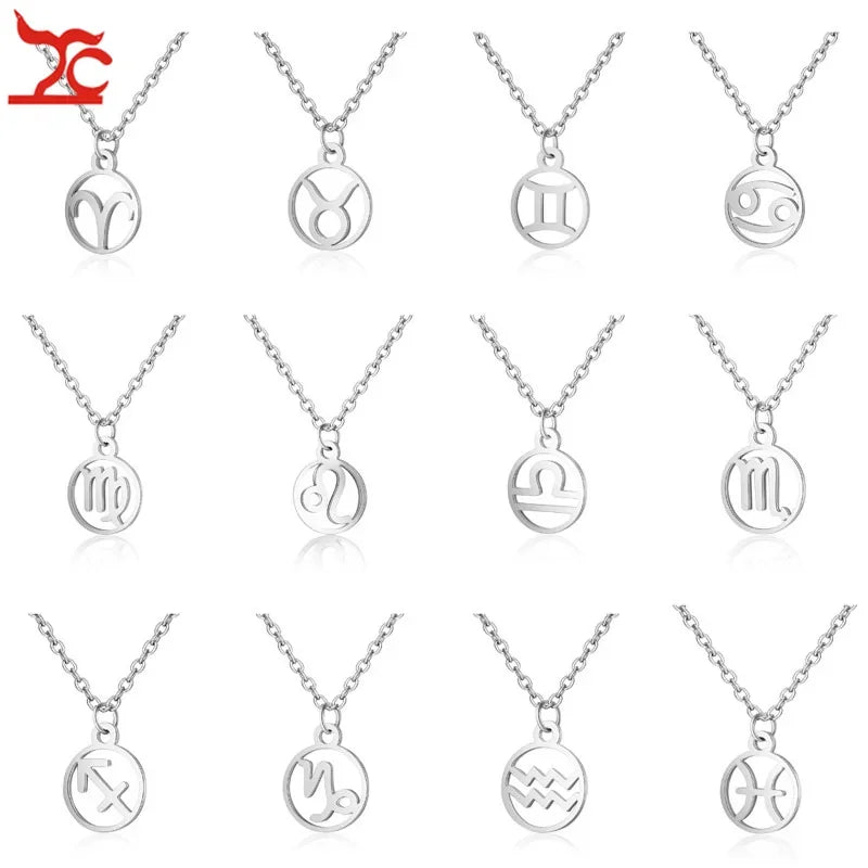 Azure Jewelry silver zodiac sign necklaces featuring Aries, Taurus, Gemini, Cancer, Virgo, Leo, Libra, Scorpio, Sagittarius, Capricorn, Aquarius, Pisces charms