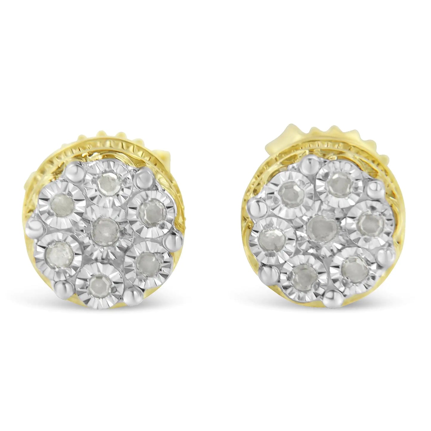 Pair of round yellow gold stud earrings with cluster of silver and white diamond accents