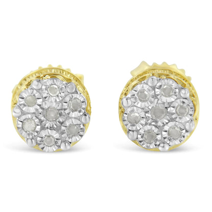 Pair of round yellow gold stud earrings with cluster of silver and white diamond accents