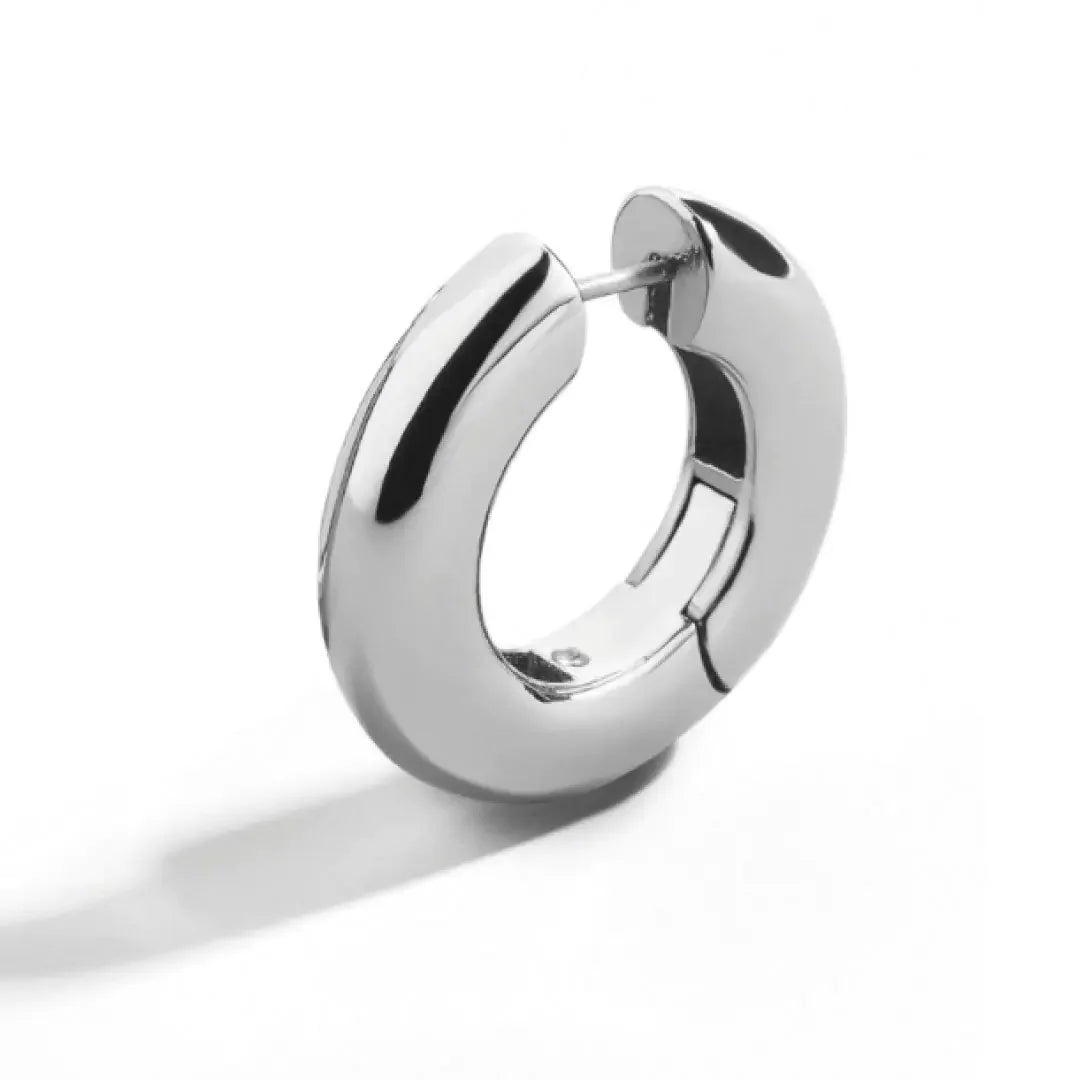 Shiny silver hoop earring with a smooth, polished finish on white background