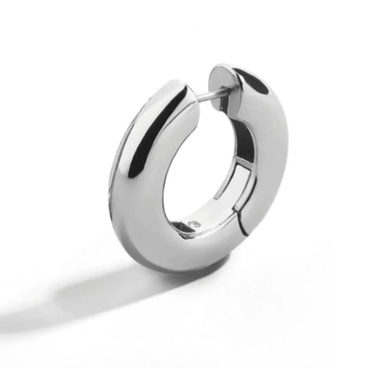 Shiny silver hoop earring with a smooth, polished finish on white background