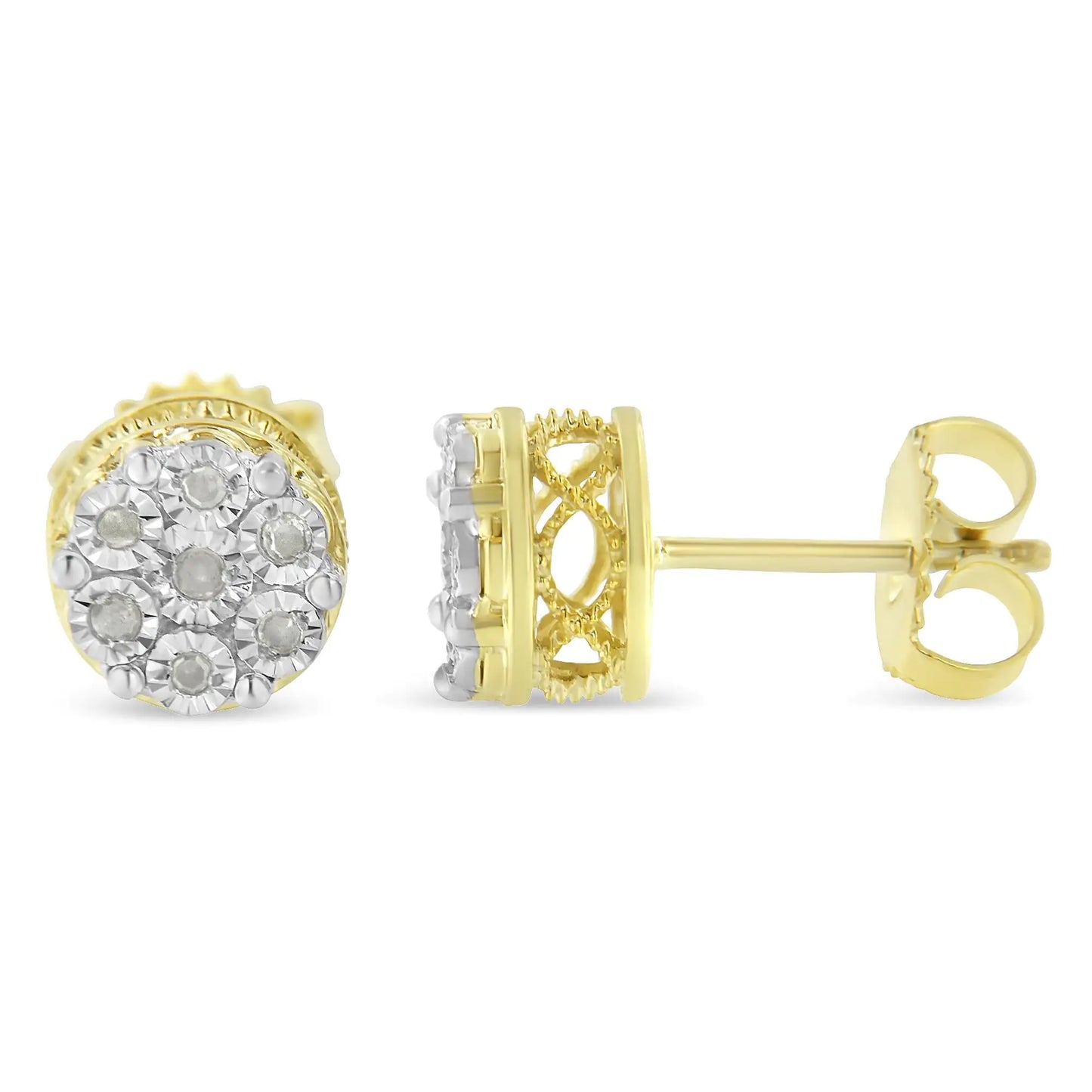 Pair of gold and diamond cluster stud earrings with intricate side detailing