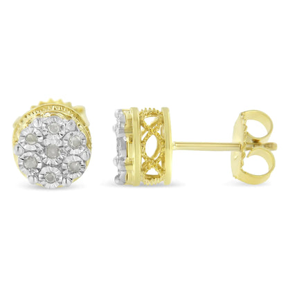 Pair of gold and diamond cluster stud earrings with intricate side detailing