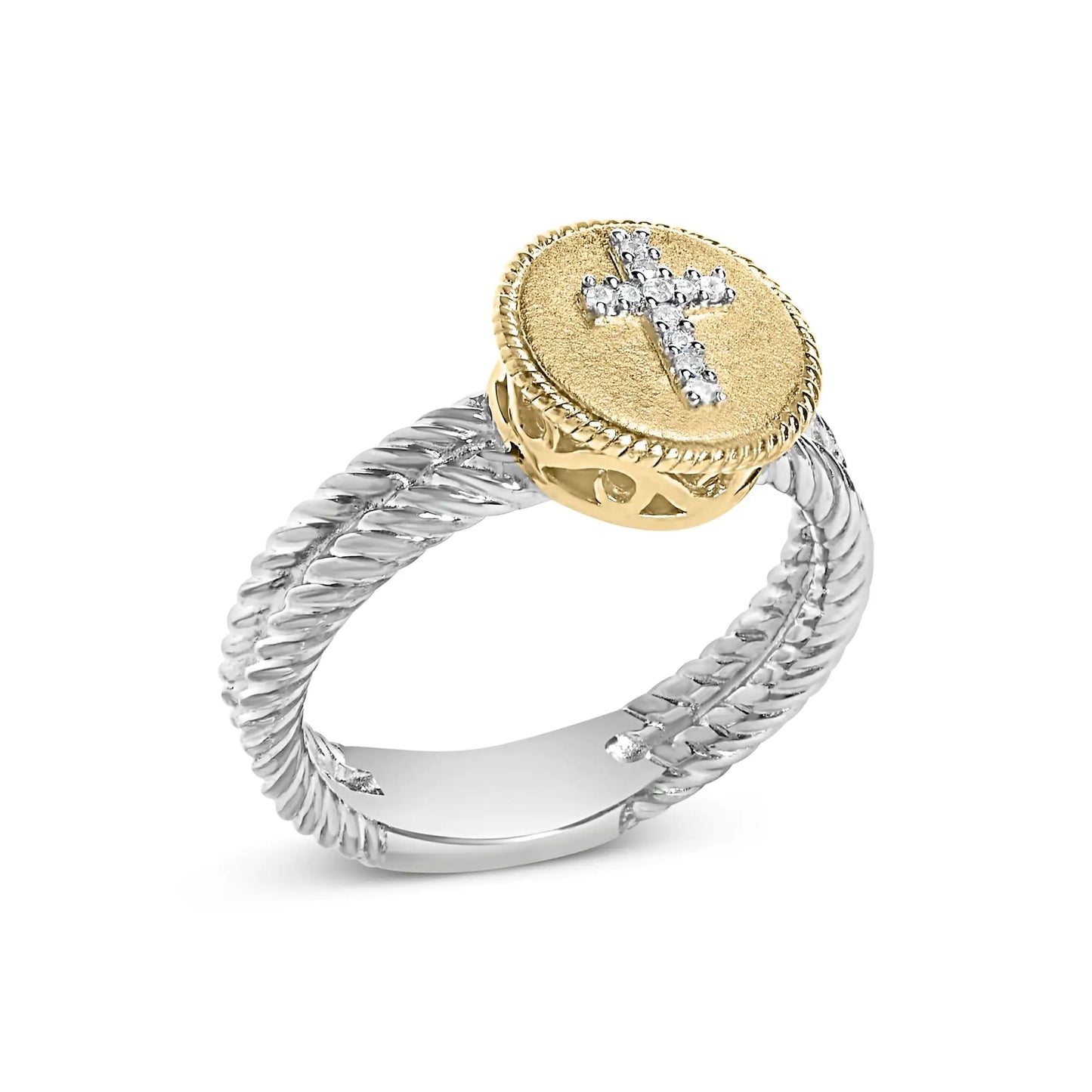 Two-tone silver and gold twisted band ring with gold oval top featuring a diamond cross design