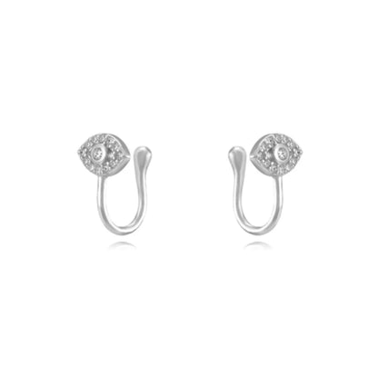 Pair of silver earrings shaped like eyes with crystal embellishments, elegant fine jewelry