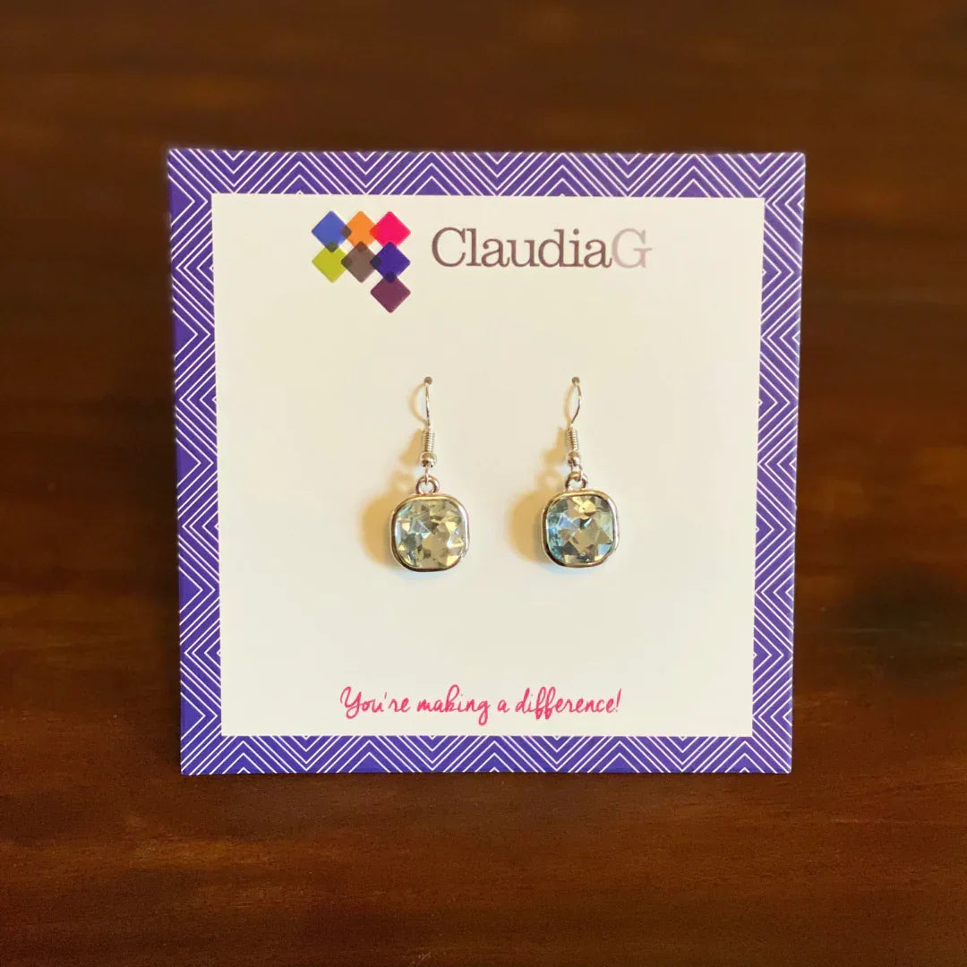 ClaudiaG silver-tone square crystal dangle earrings on purple and white patterned card