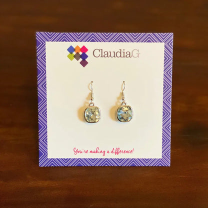 ClaudiaG silver-tone square crystal dangle earrings on purple and white patterned card