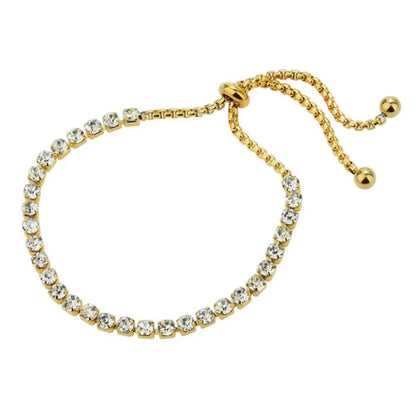 Elegant gold bracelet with clear sparkling stones and adjustable sliding clasp on white background