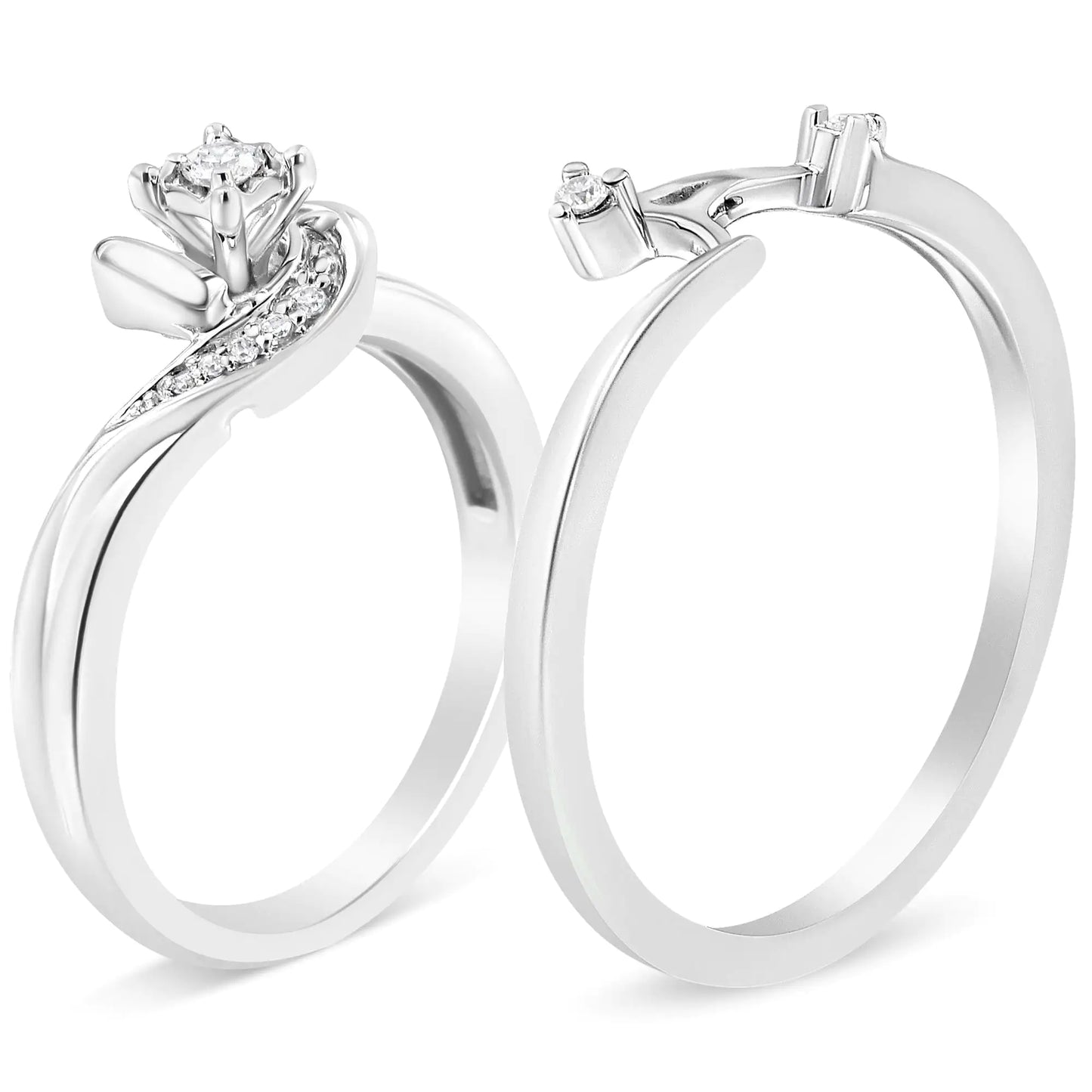 Pair of elegant silver rings with sparkling diamonds on white background, bridal fine jewelry