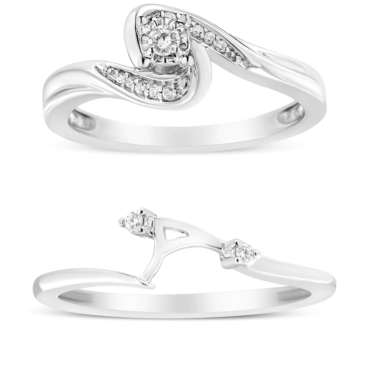 Set of two elegant silver rings with diamonds, featuring swirl design and letter A accent