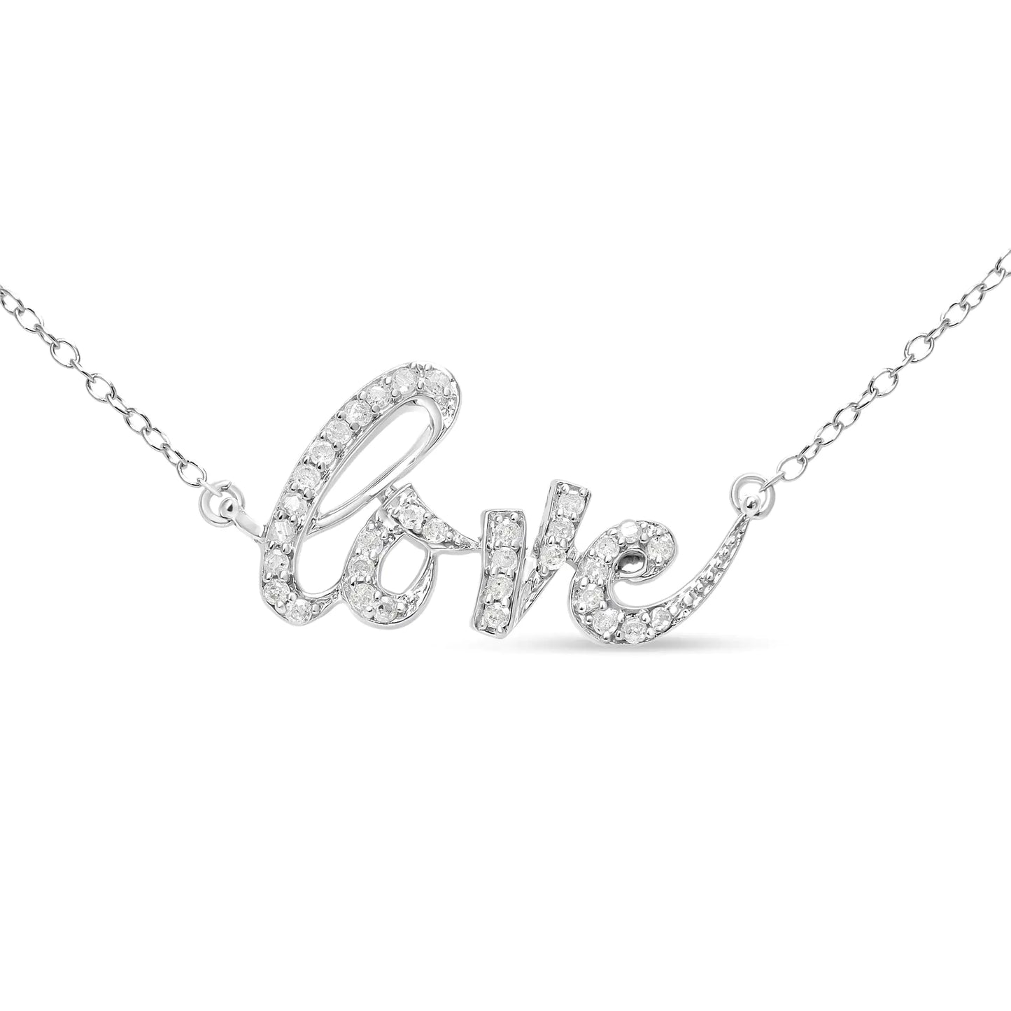 Silver necklace pendant spelling love with embedded small diamonds on a delicate chain