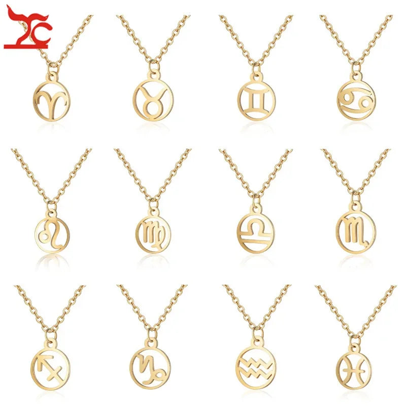 Set of 12 gold zodiac sign pendant necklaces on chains, showcasing astrology symbols for Aries to Pisces
