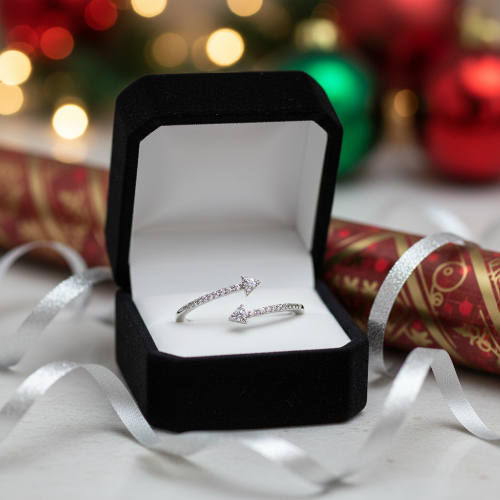 Arrowhead silver ring with sparkling stones in a black velvet gift box with festive Christmas decorations