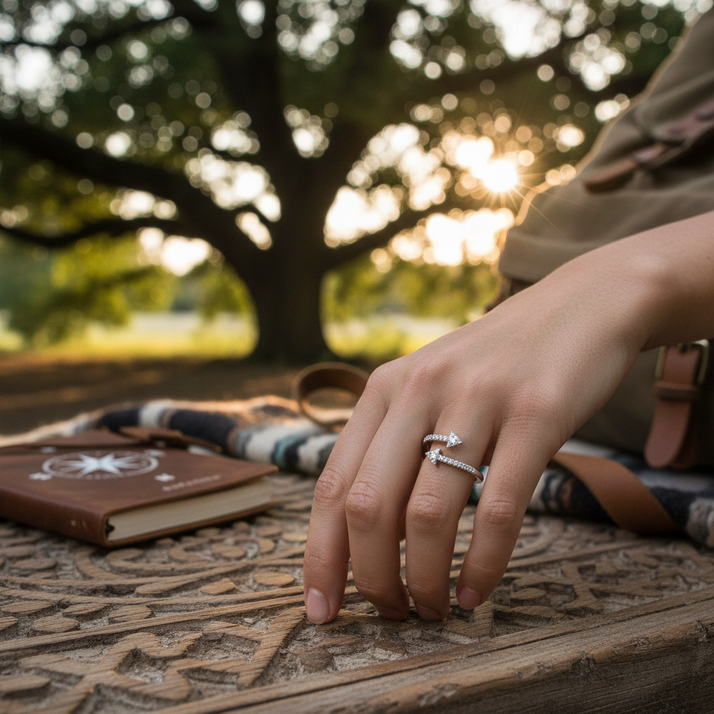 Diamond arrowhead ring on hand outdoors with carved wooden surface and sunlight in background