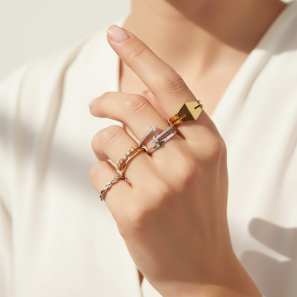 Hand wearing stacked premium gold and diamond rings including an arrowhead design against white background