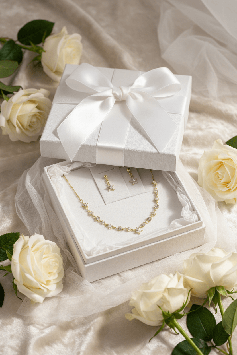 Elegant bridal jewelry gift set with gold star pendant necklace and matching earrings in white box with satin ribbon surrounded by white roses