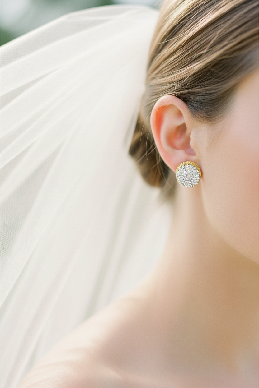 Close-up of bride wearing diamond cluster bridal earrings with delicate white veil