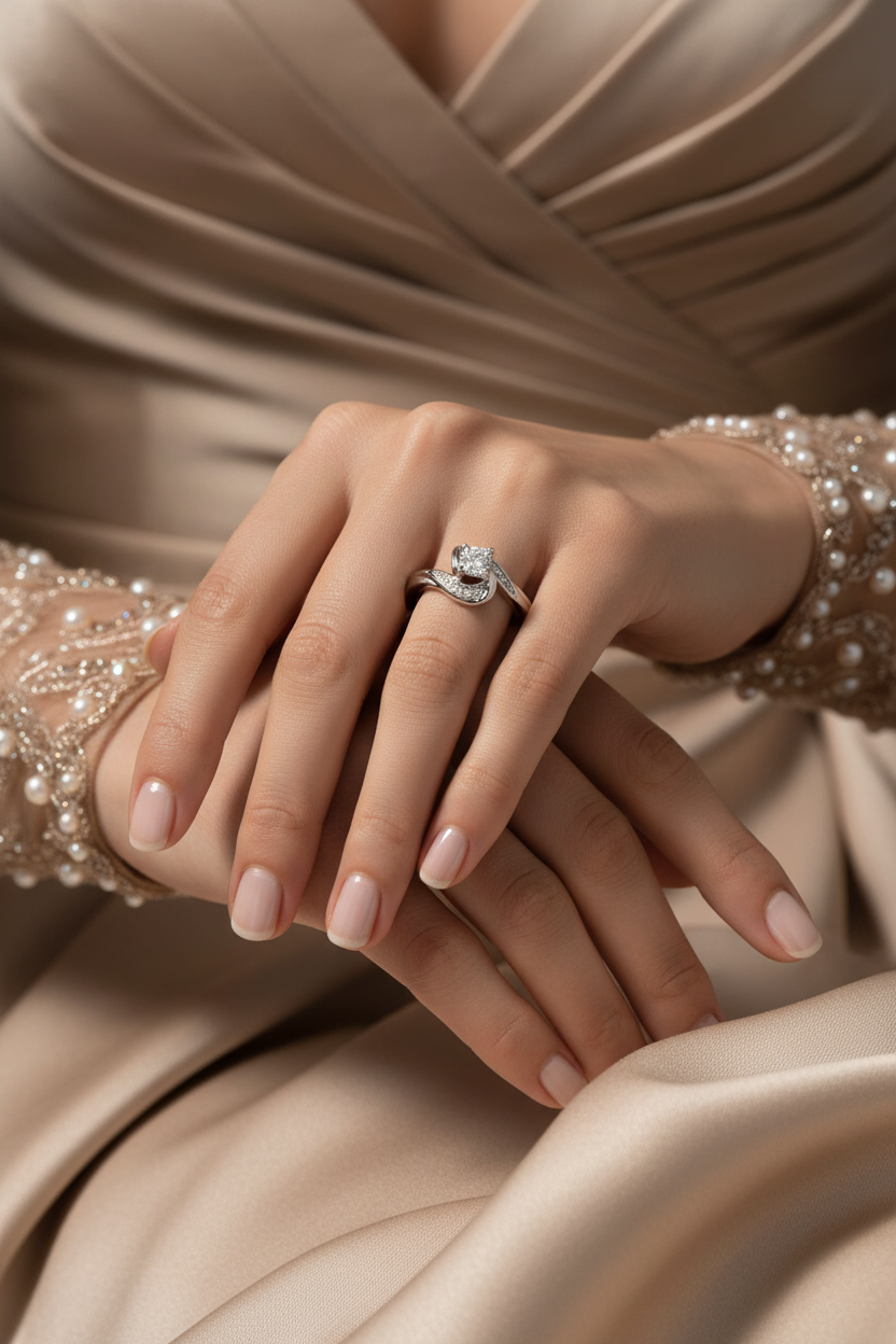 Elegant bridal ring set on hands with manicured nails wearing a pearl-embellished evening dress