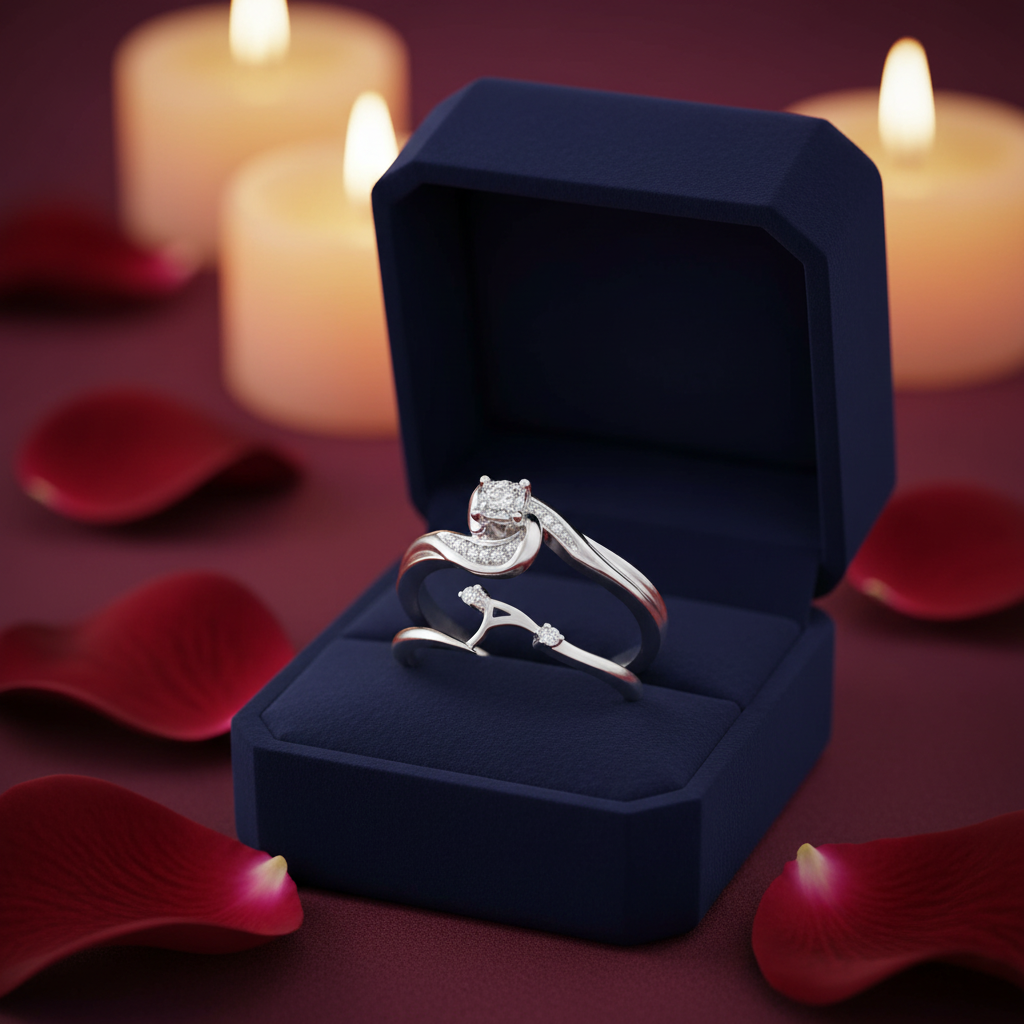 Elegant bridal ring set in navy velvet box surrounded by red rose petals and glowing candles