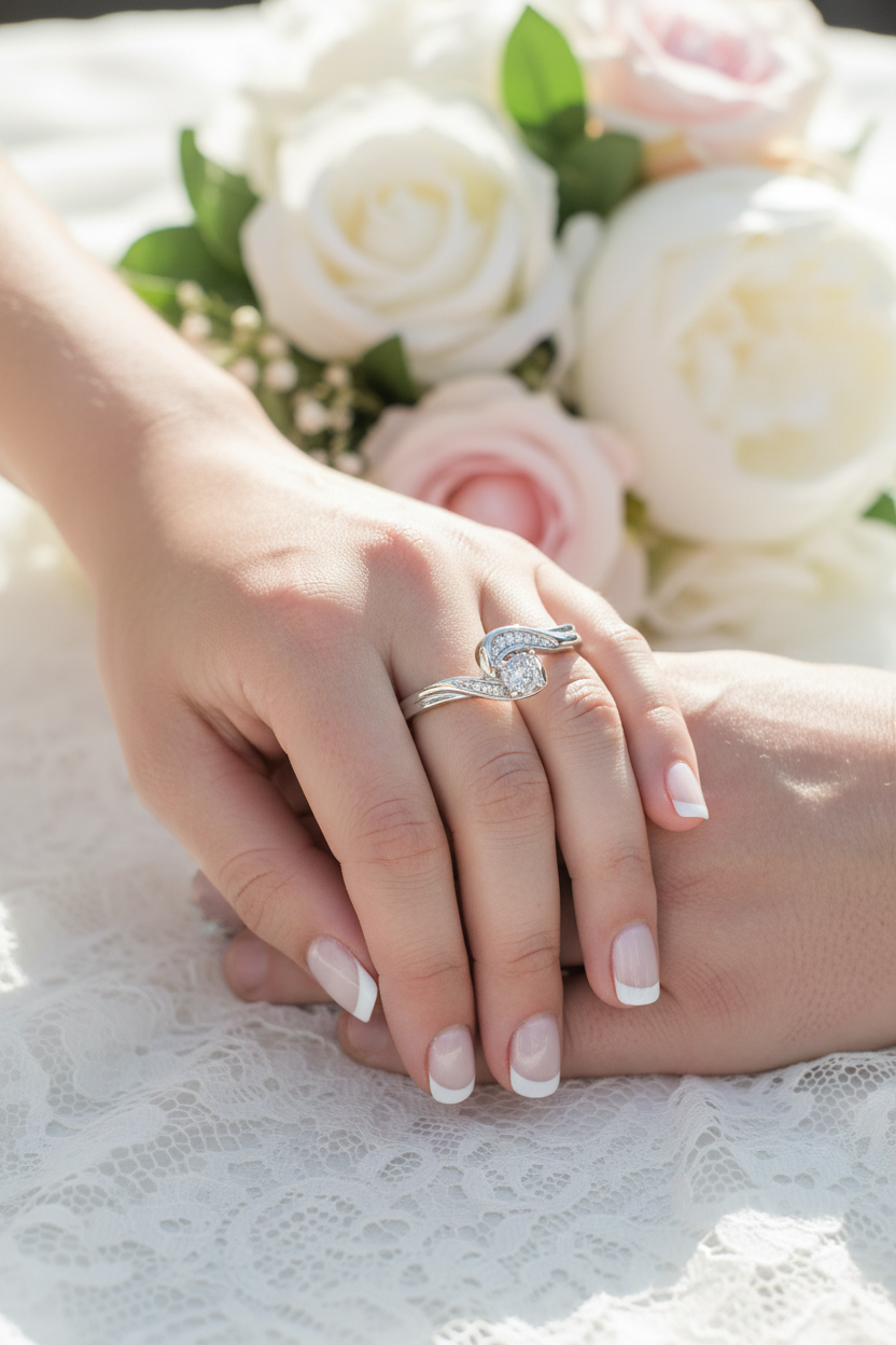Close-up of bride and groom hands with diamond bridal ring set, white lace, and soft pink and white roses