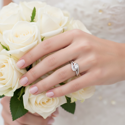 Hand wearing a diamond bridal ring set holding a bouquet of white roses, showcasing elegance and luxury jewellery