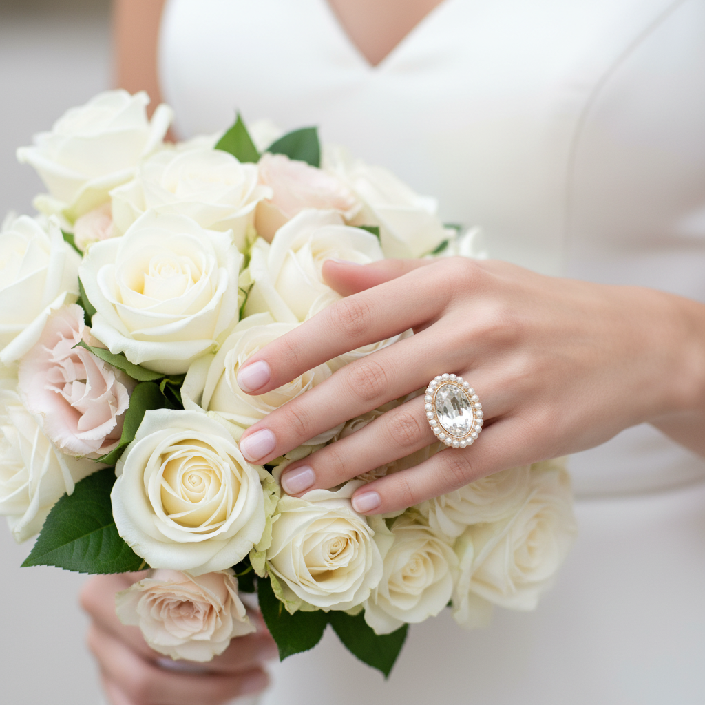 Bridal hand with elegant pearl and crystal ring holding bouquet of white and blush roses