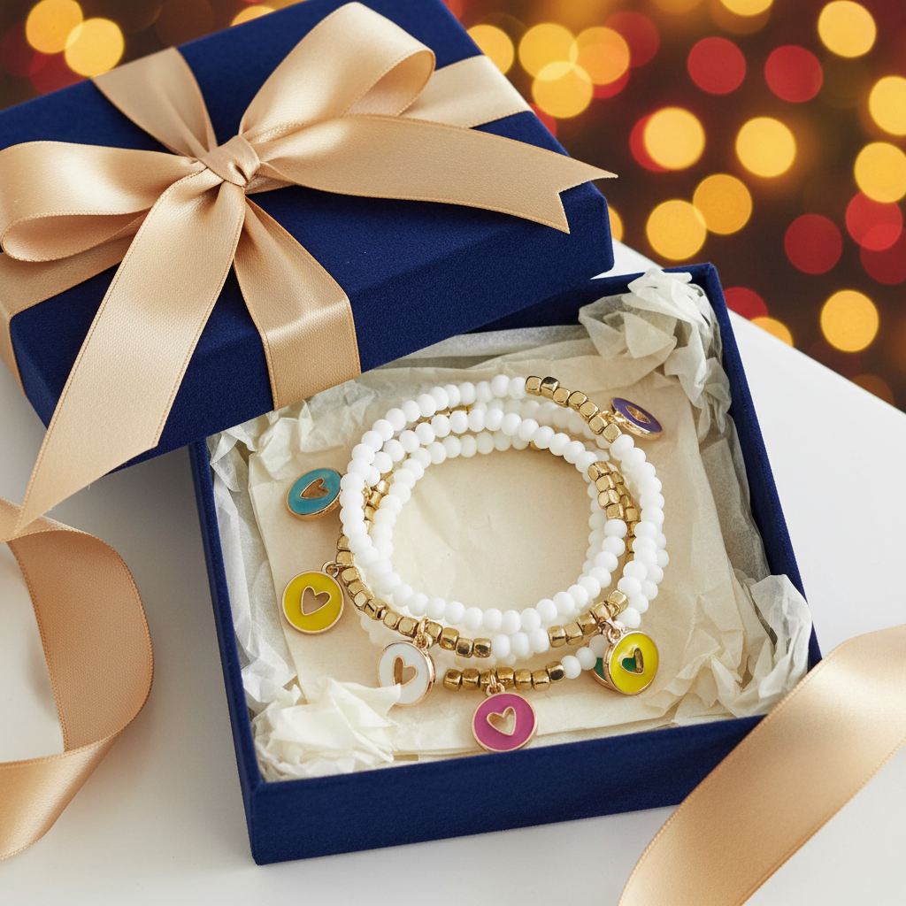 Elegant white bead charm bracelets with colorful heart charms in a blue gift box with satin gold ribbon