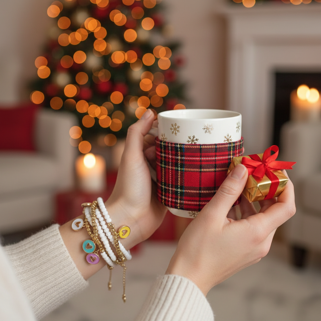 Hands wearing colorful charm bracelets holding a festive snowflake mug with plaid cozy and small gold gift box by Christmas tree