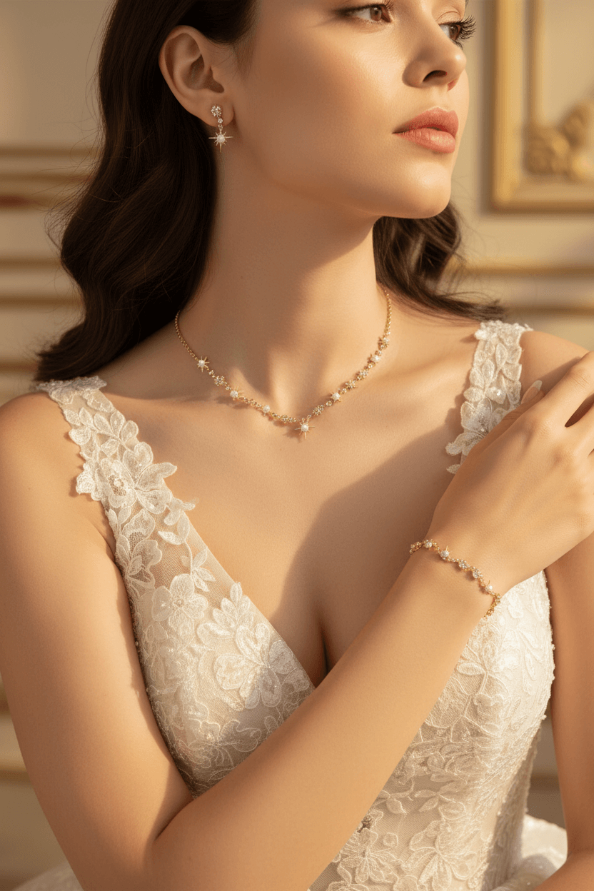 Elegant woman wearing floral lace bridal dress with gold star-themed necklace, earrings, and bracelet jewelry