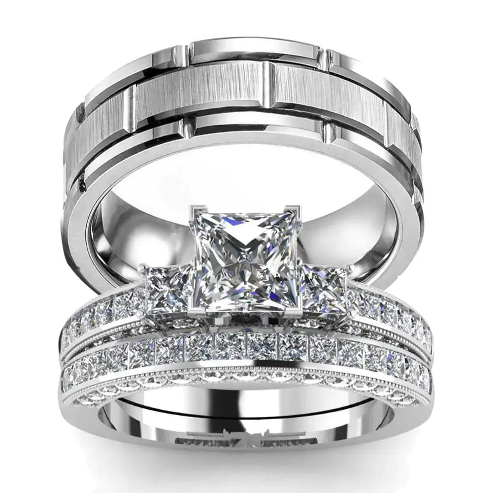 Matching couples rings set with princess-cut diamond engagement ring and men's brushed silver band