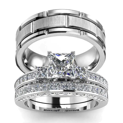 Matching couples rings set with princess-cut diamond engagement ring and men's brushed silver band