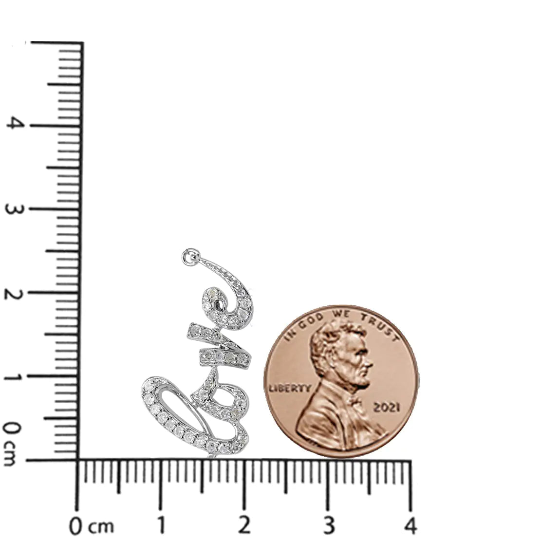 Sparkling script 925 silver charm pendant shown with 2021 penny and rulers for scale