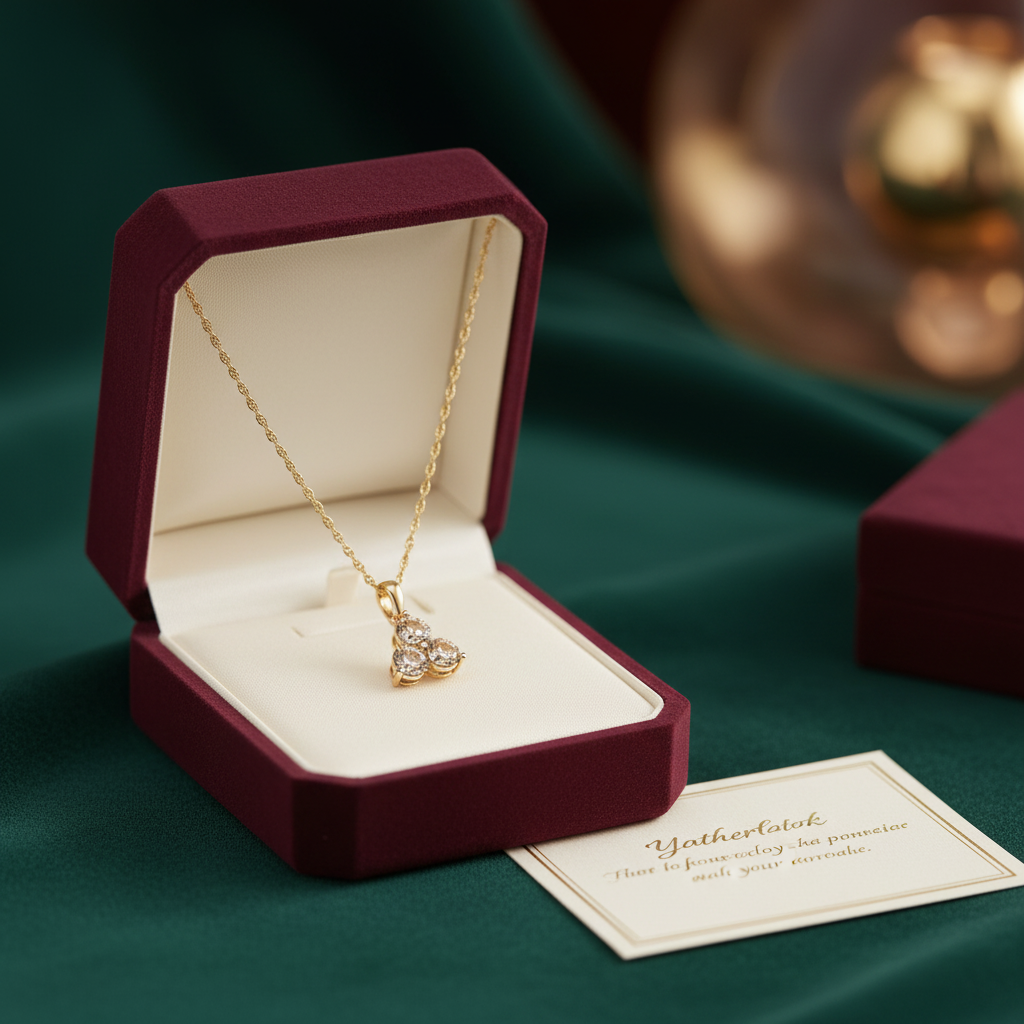 Elegant gold diamond pendant necklace displayed in a burgundy velvet jewellery box on green fabric background