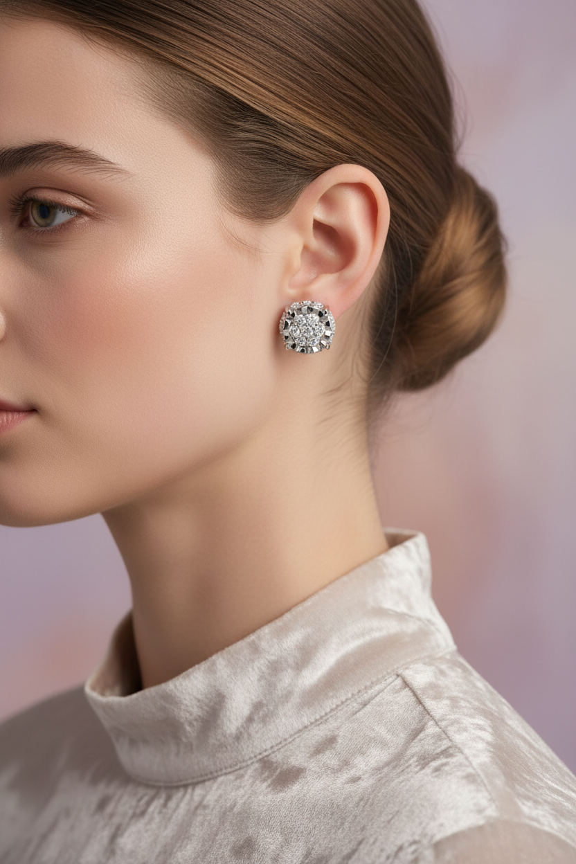 Elegant woman wearing floral design diamond stud earrings with textured silk collar blouse